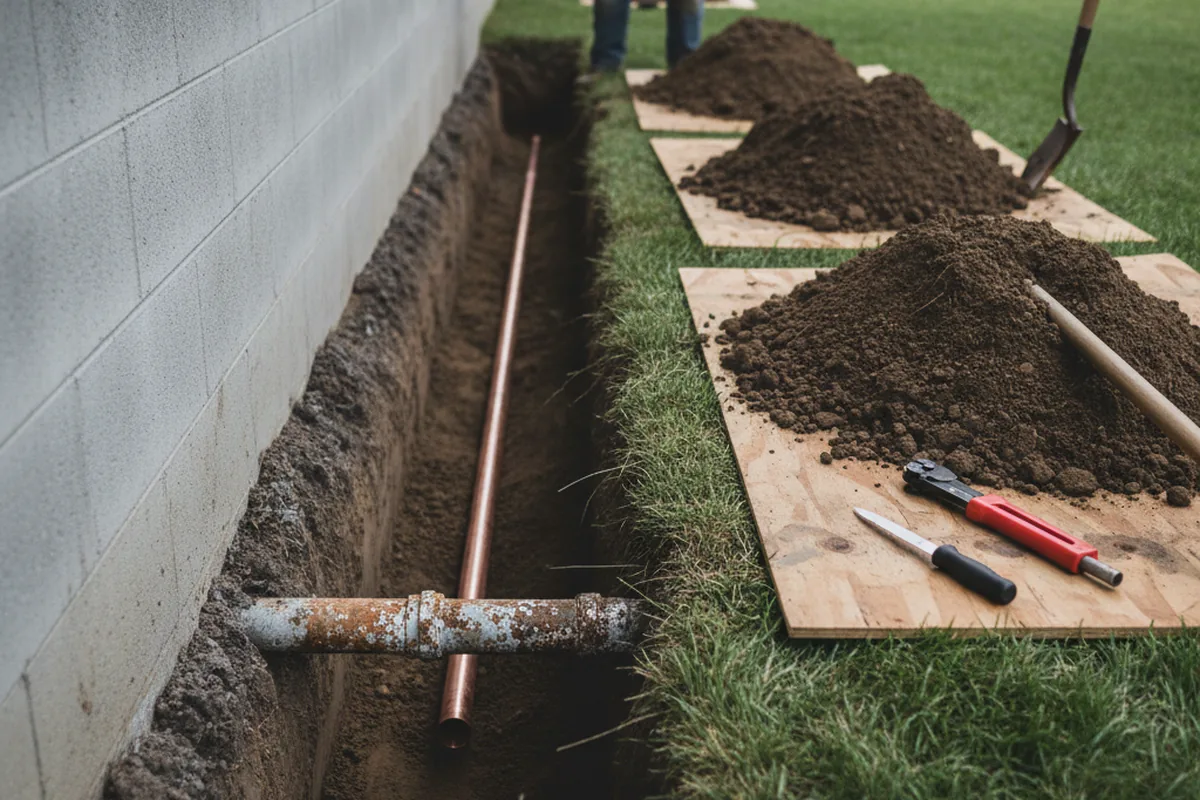 Excavated water line trench during Water Softener Installation in Warrior